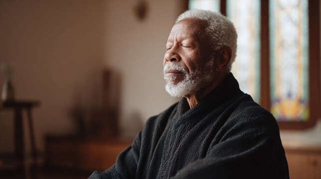Contemplative elder in serene meditation. Peaceful African American man, eyes closed, in robe. Represents mindfulness, wisdom, inner peace, retirement, and aging gracefully.