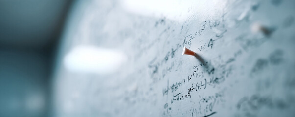 Closeup of handwritten equations pinned to a textured surface. Symbolizes complex problemsolving, ideas, research, or education.  Ideal for scientific, academic, or creative projects.