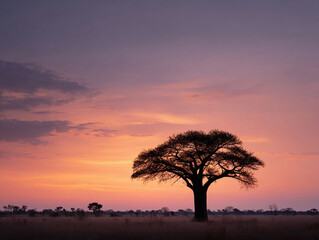 Striking silhouette of an iconic tree against a vibrant sunset sky. Evokes serenity, resilience, and the beauty of nature. Ideal for travel, environment, and inspirational projects.