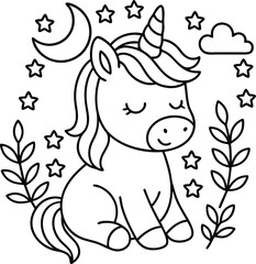 Unicorn elements drawing coloring page illustration line art,