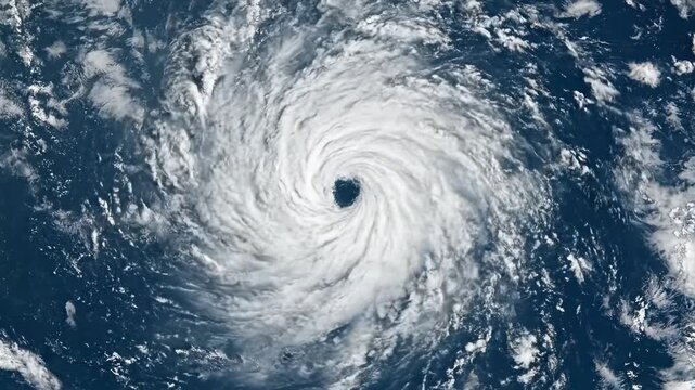 AI-generated meteorological video clip of a hurricane spiraling over open sea