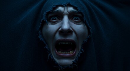 Face screaming from a ragged blue shroud eyes wide with fear teeth bared