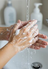 Fototapeta premium Hands covered in soap under running tap water in a bathroom