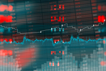 Abstract financial background with digital stock exchange data, trading charts, candlestick patterns, and futuristic technology interface. Concept market volatility, cryptocurrency trading and forex.