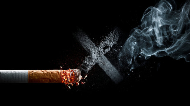 banner smoking is harmful to health, crossed out burning cigarette with smoke on black background