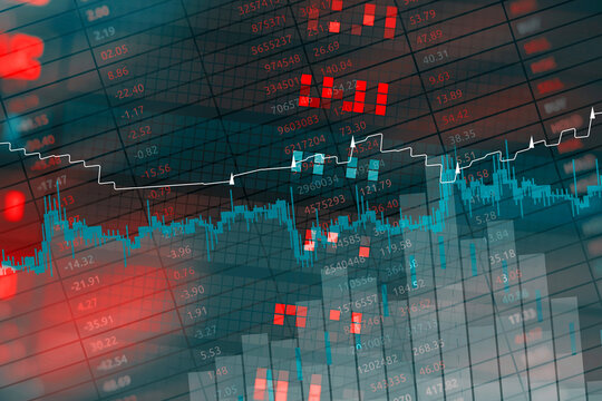 Abstract financial background with digital stock exchange data, trading charts, candlestick patterns, and futuristic technology interface. Concept market volatility, cryptocurrency trading and forex. - Powered by Adobe