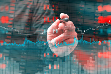 Close-up of a hand with a stylus analyzing financial trading charts, stock market graphs, and candlestick patterns. Digital data visualization, forex, cryptocurrency exchange and investment analytics.