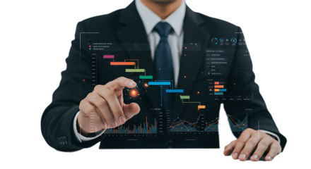 Businessman Using Digital Data Analytics Dashboard On Isolated Transparent Background