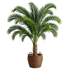 Obraz premium A majestic Areca Palm with lush fronds potted in a stylish wicker basket perfect for adding a touch of nature to any decor, isolated