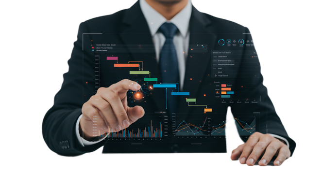 Businessman Using Digital Data Analytics Dashboard On Isolated Transparent Background