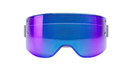Violet-blue ski goggles, front view.  Wide lens,  iridescent