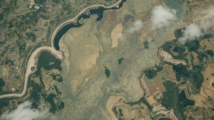 Detailed Aerial Topography View of River Delta and Surrounding Landscape