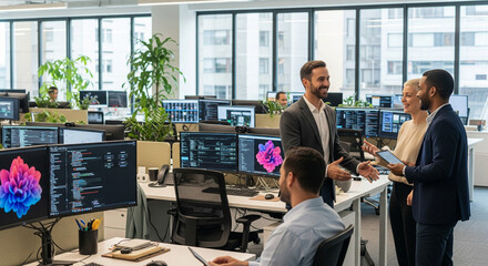A group of business professionals are seen collaborating and engaging in a discussion within a modern, open-plan office. Two of the colleagues are shaking hands, while another stands with a digital 