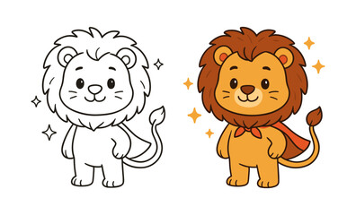 Fototapeta premium Cute cartoon lion in color and outline with superhero cape