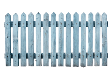 A weathered, light gray wooden fence with pointed picket sections