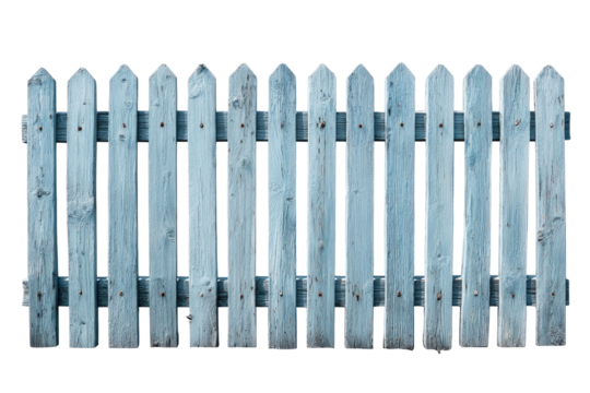 A weathered, light gray wooden fence with pointed picket sections