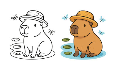 Cute capybara in hat with butterflies and lilies in both colorful and outline styles