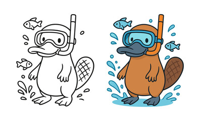 Cute snorkeling platypus cartoon in color and outline with fish and splash