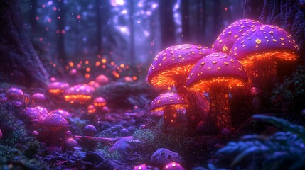 Obraz premium Enchanted forest with glowing purple and orange mushrooms at night magic fantasy photo