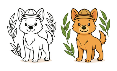 Obraz premium Cute cartoon dog with leaves and hat in color and outline versions