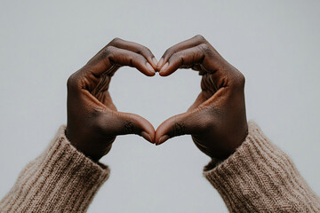 Love Heart Gesture in Hands Brown Skin Tone Sweater Studio Shot