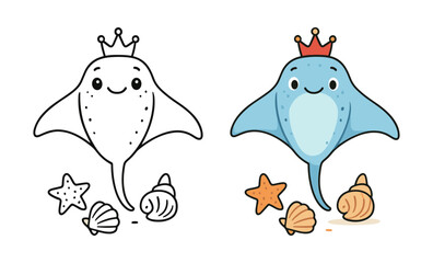 Fototapeta premium Cute cartoon manta ray with crown and seashells in color and outline versions