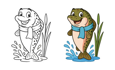 Fototapeta premium Cheerful cartoon fish with scarf in black and white and color versions