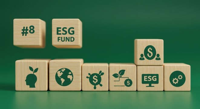 Wooden cubes with ESGrelated icons and text on a green background