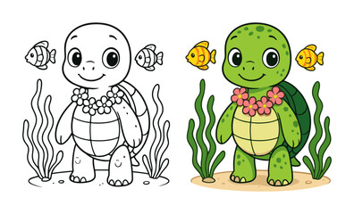 Obraz premium Cute cartoon turtle with fish in coloring and colored versions for kids