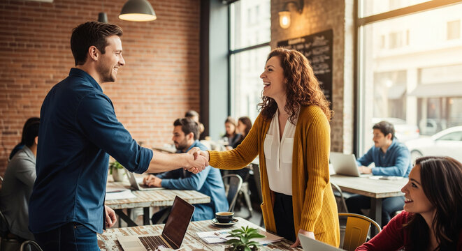 A positive and professional business handshake takes place between a male and female colleague in a busy, modern cafe environment. The man, dressed in a blue shirt, and the woman