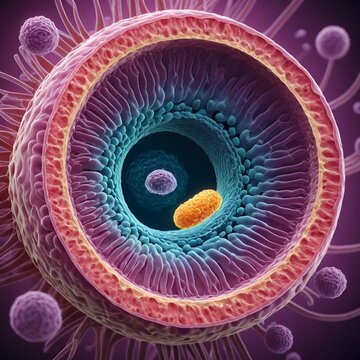 Cryptosporidiosis, a diarrheal disease caused by Cryptosporidium parvum protozoan. 3D illustration showing release of parasite sporozoites from oocyst inside small intestine