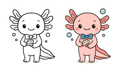 Cute axolotl coloring page and colored design with bow tie and shell