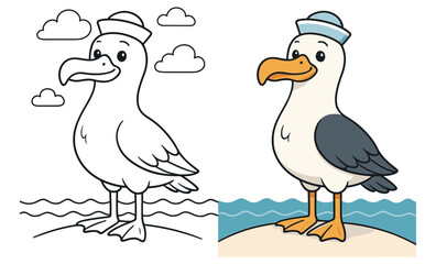 Cute seagull with sailor hat in outline and colorful style by the sea