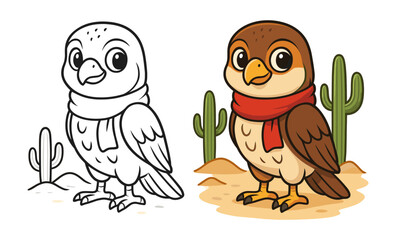 Obraz premium Cute desert owl wearing scarf with cactus in background in color and outline