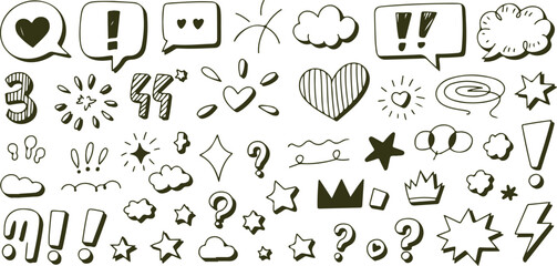 Naklejka premium hand drawn doodle icons set with speech bubbles hearts stars crowns clouds exclamation marks question signs and comic style elements