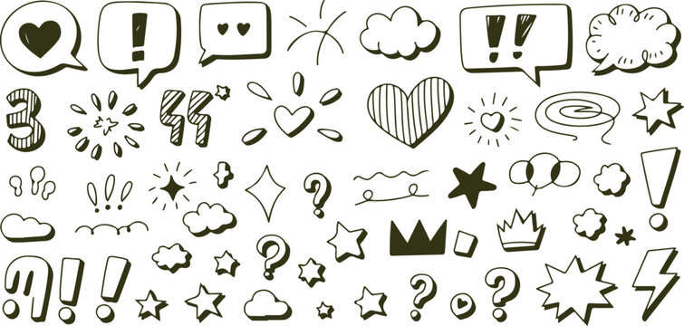hand drawn doodle icons set with speech bubbles hearts stars crowns clouds exclamation marks question signs and comic style elements