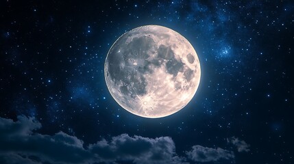 Fototapeta premium Full moon in a starry night sky with wispy clouds stars photo