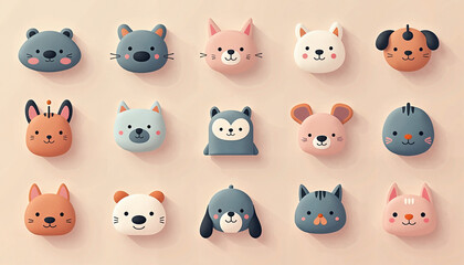 Cute cartoon animal faces on light background
