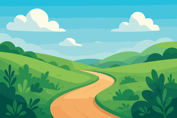 Obraz premium A tranquil countryside path winding through verdant hills. The path, gently curving and lined with flourishing plants, leads the eye toward the