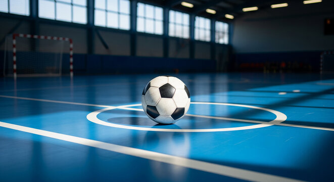 A soccer ball is placed on the center circle of a shiny blue indoor futsal court. The clean white lines of the court and the distant goalposts are visible, creating a sense of order and focus