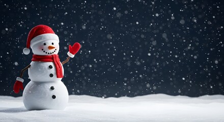 Fototapeta premium Merry christmas and happy new year greeting card with copy-space - Happy Snowman with a Red Hat and Scarf in a Snowy Landscape, with copy-space