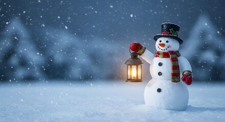 Fototapeta premium Merry christmas and happy new year greeting card with copy-space. Cartoon Illustration of a Snowman with a Top Hat in a Snowy Field.