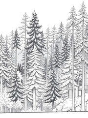 Obraz premium A detailed architectural drawing of a dense forest elevation, featuring a variety of deciduous and coniferous trees with intricate line work and fine textures.