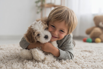 joyful child embraces fluffy puppy on soft rug radiating pure happiness