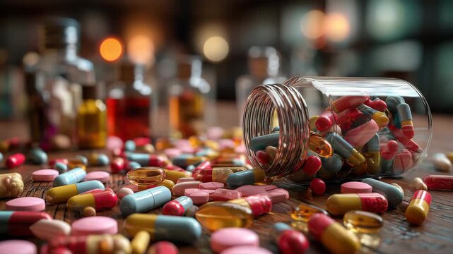 Spilled jar with colorful pills and capsules on table with medicine bottles in background concept of healthcare pharmacy treatment drugs medication and pharmaceutical industry