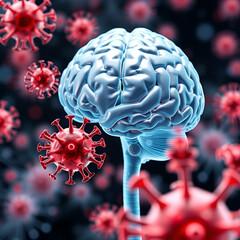Obraz premium Viral encephalitis, 3D illustration showing brain and close-up view of viruses and neurons