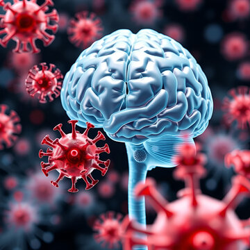 Viral encephalitis, 3D illustration showing brain and close-up view of viruses and neurons