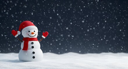 Fototapeta premium Merry christmas and happy new year greeting card with copy-space - Happy Snowman with a Red Hat and Scarf in a Snowy Landscape, with copy-space