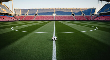 Obraz premium A classic soccer ball rests on the center line of a professional stadium field. The pristine, striped grass leads the eye towards the empty, colorful stadium seating in the background