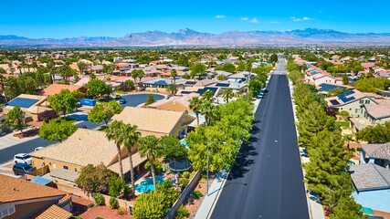 Aerial Residential Neighborhood With Solar Homes and Tree Lined Streets Las Vegas